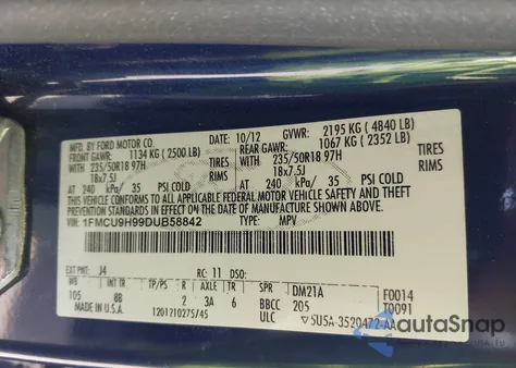 2013 Ford Escape Sel from USA, damaged, VIN 1FMCU9H99DUB58842